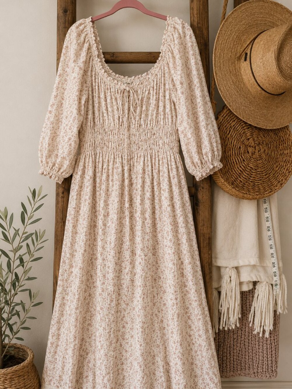 Neuflora Josephine Smocked Floral Midi Dress Blush Pink M